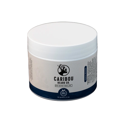 A 2oz/56g White Jar of Caribou Beard Balm in Alpine Breeze scent