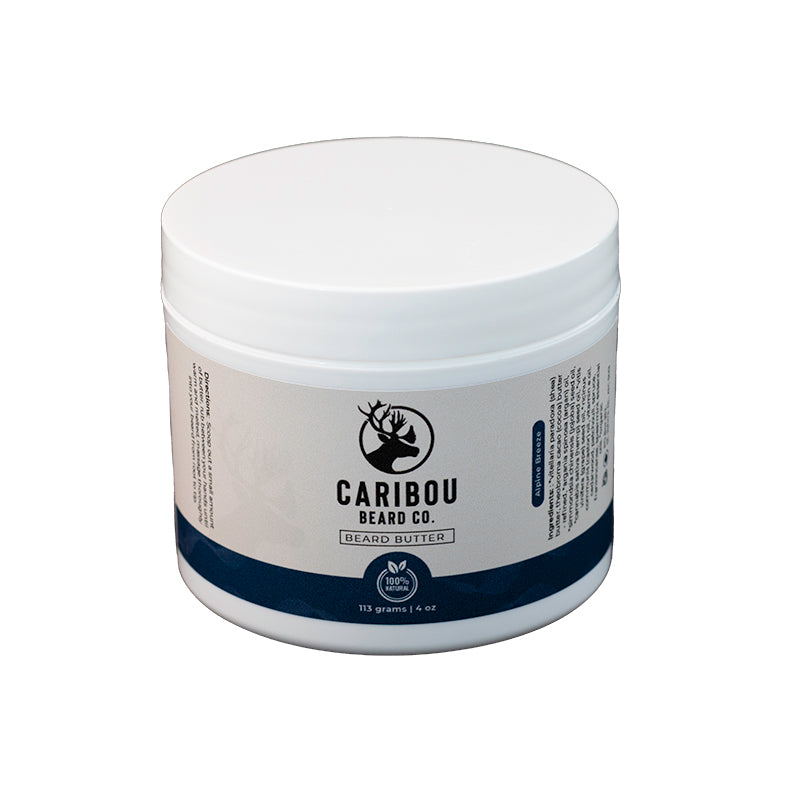 A 4oz/113g White jar of Caribou Beard Co Beard Butter in Alpine Breeze scent