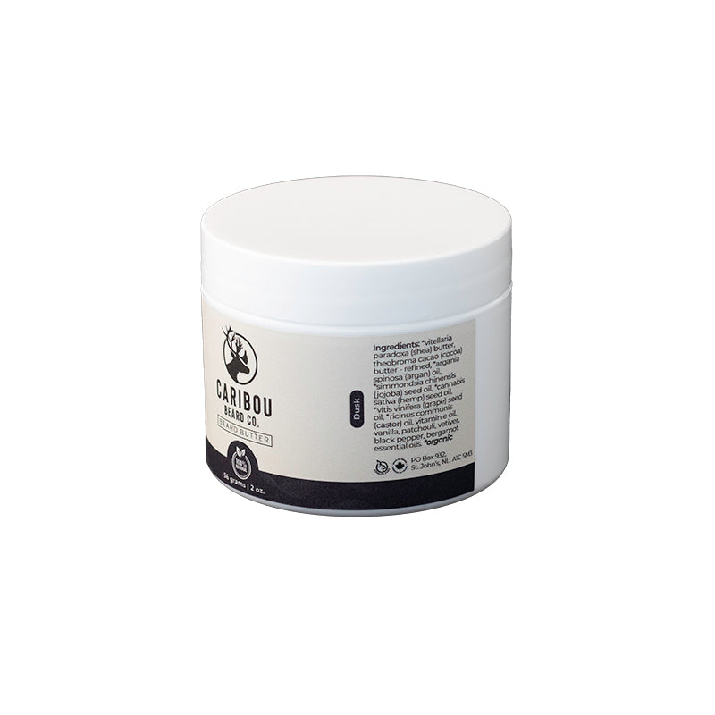 Side view of Caribou Beard Butter 2oz container in Dusk scent
