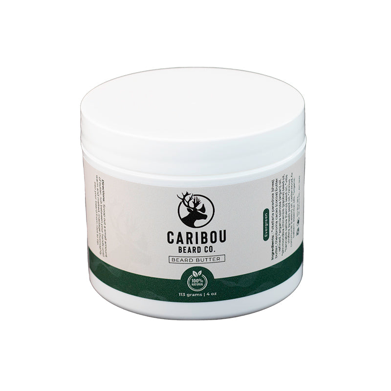 A 4oz/113g white jar of Caribou Beard Co's Beard Butter in Evergreen Scent