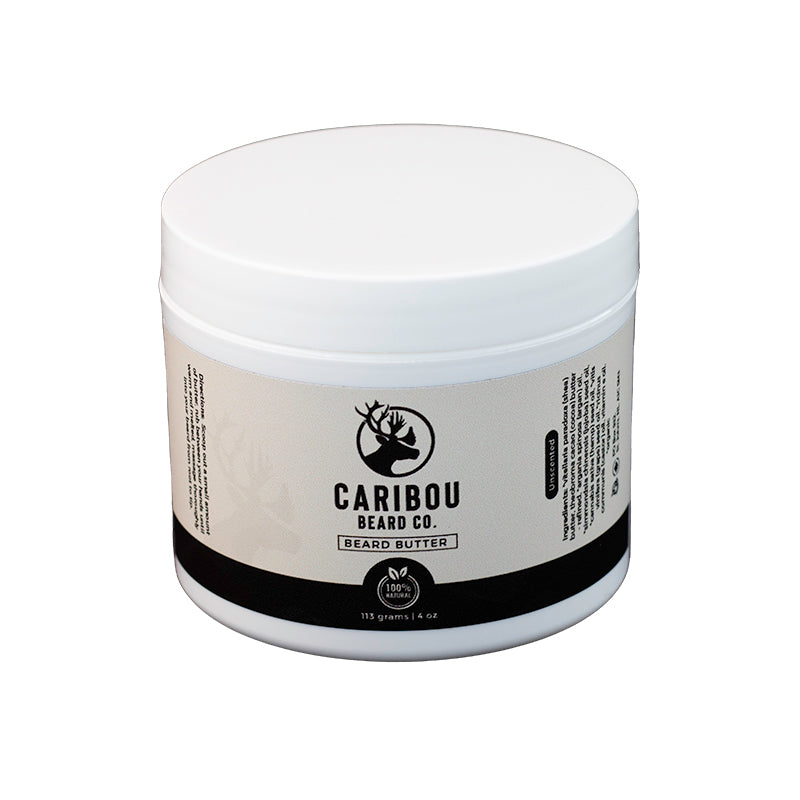 A 4oz/113g white jar of Caribou Beard Co's Beard Butter unscented